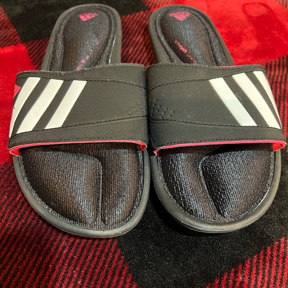 Adidas Black and White Striped Slides